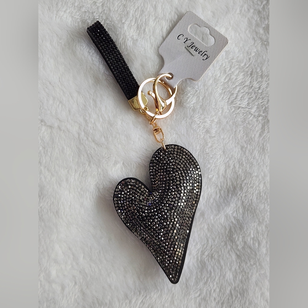Black Heart Keychain with Gold Accents Bling Bag Charm